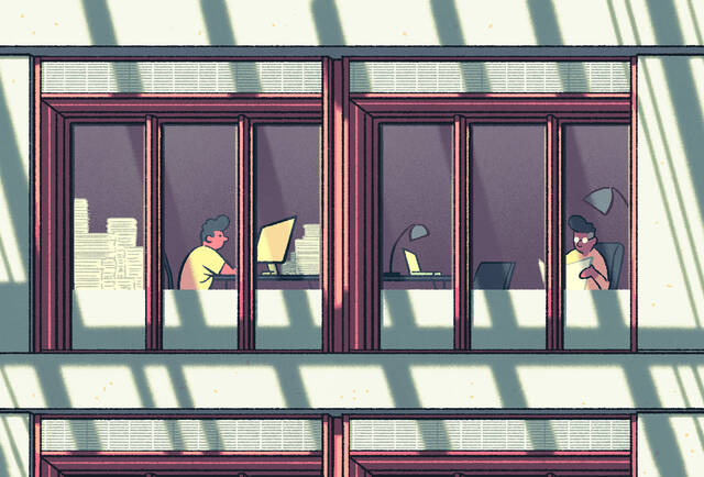 illustration of the exterior of a university faculty office building with a younger professor in a cluttered office in one window and an older professor in a sparely appointed office in the other.