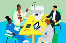 illustration of a group including a doctor, nurse, inventor, and medical administrator discussing a new medical device.