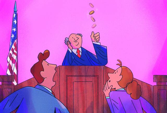 Illustration of two lawyers standing before a judge's bench while the judge flips a coin.