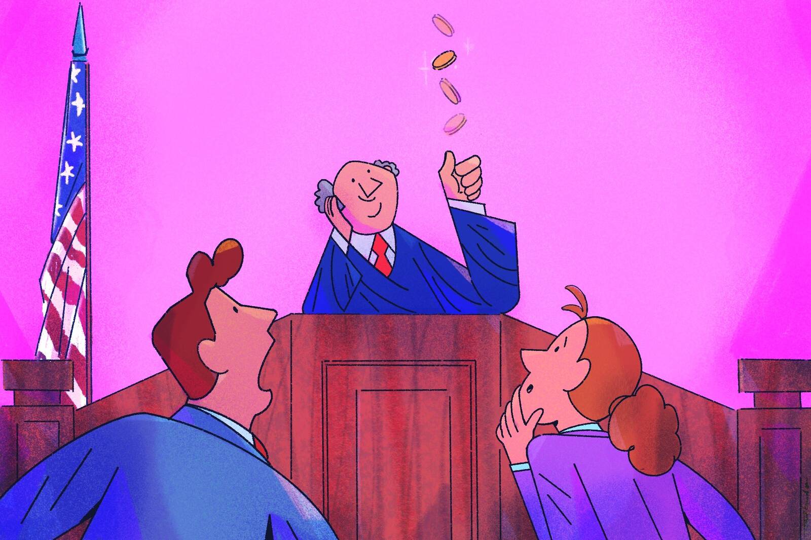 Illustration of two lawyers standing before a judge's bench while the judge flips a coin.