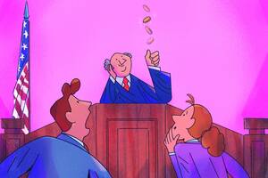 Illustration of two lawyers standing before a judge's bench while the judge flips a coin.