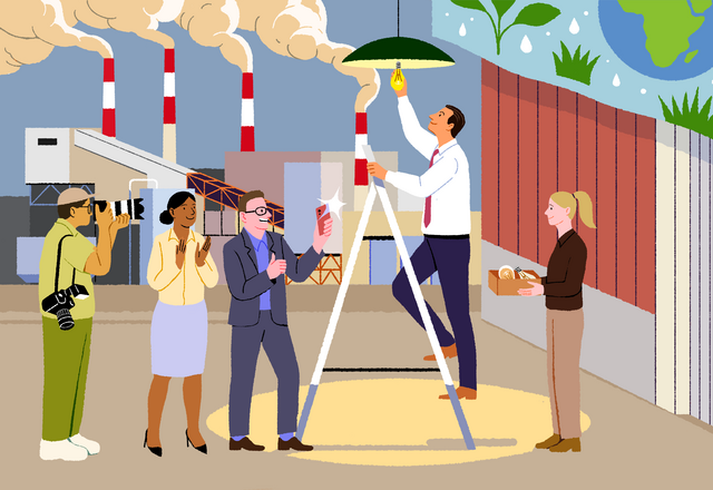 Illustration of a group celebrating the installation of a lightbulb at a factory that is spewing pollution from four smokestacks.