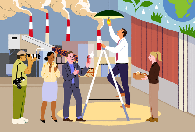 Illustration of a group celebrating the installation of a lightbulb at a factory that is spewing pollution from four smokestacks.