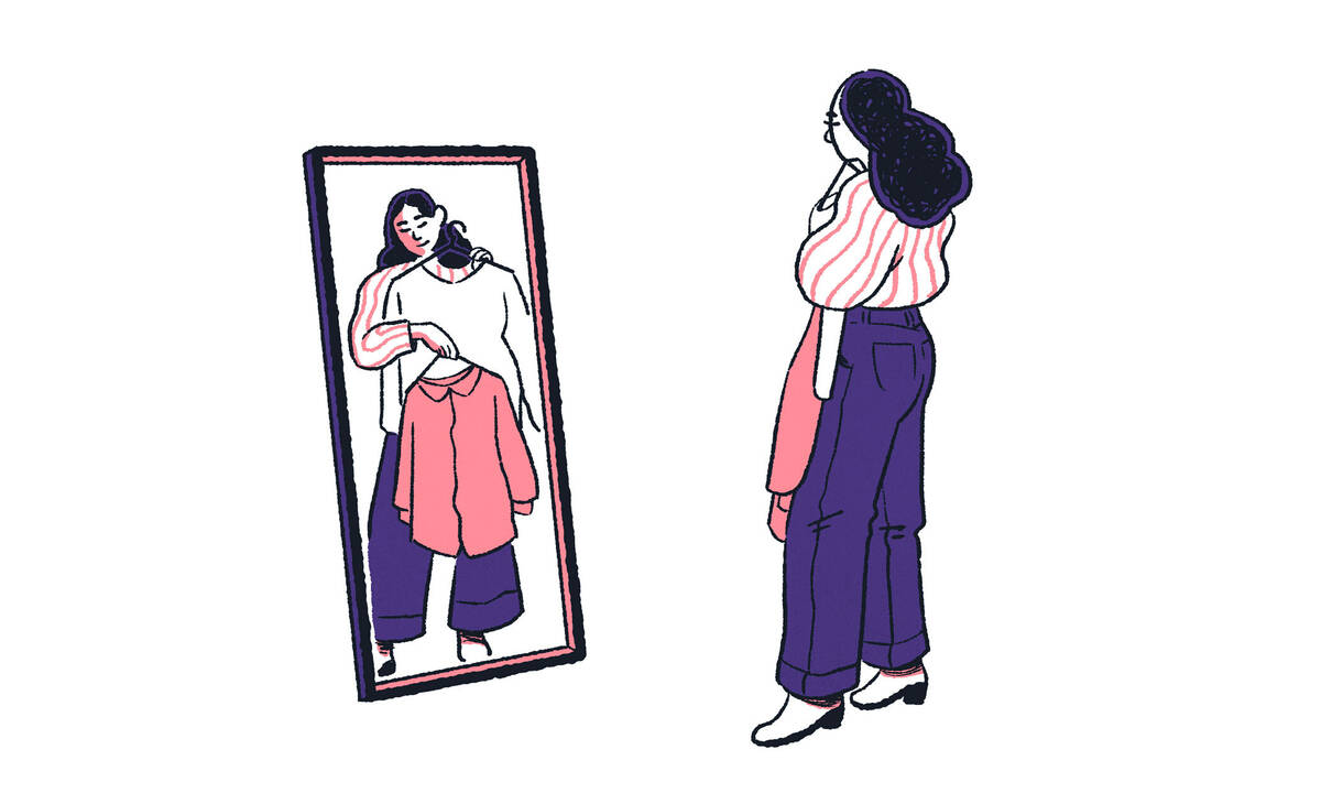 illustration of woman holding up clothes looking into mirror