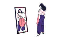 illustration of woman holding up clothes looking into mirror