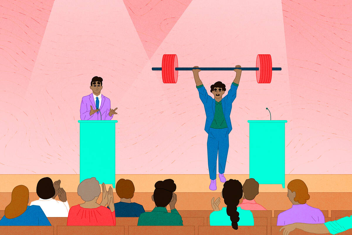 illustration of two politicians debating on a stage, with one stepping from behind the podium to lift a barbell over their head.