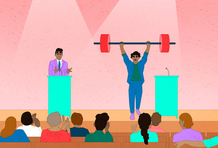 illustration of two politicians debating on a stage, with one stepping from behind the podium to lift a barbell over their head.