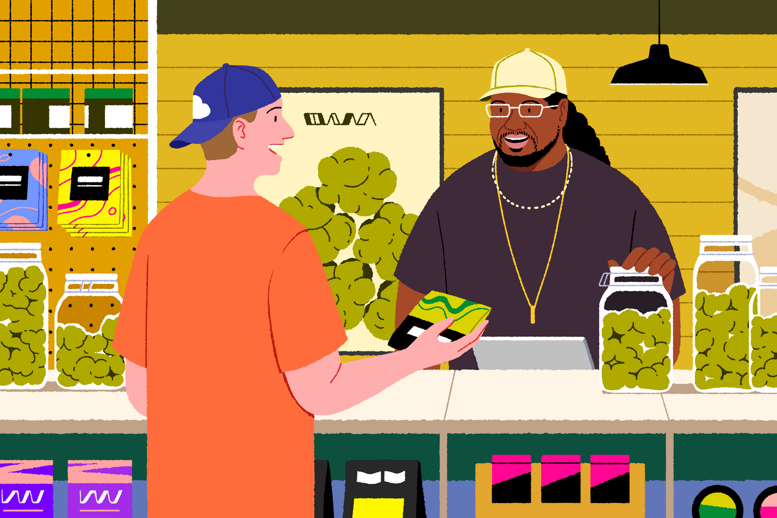 Illustration of a cannabis dispensary with a black budtender assisting a white customer.