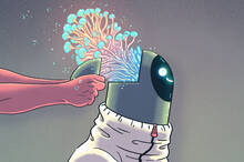 illustration of a small robot having it's top removed, with circuitry expanding from the open top.