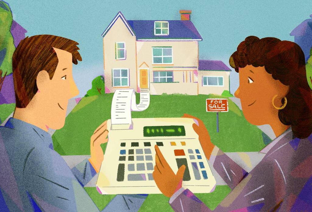 illustration of a couple standing in front of a house with a for sale sign in the yard, and the front walk is the tape of a calculator they are using.