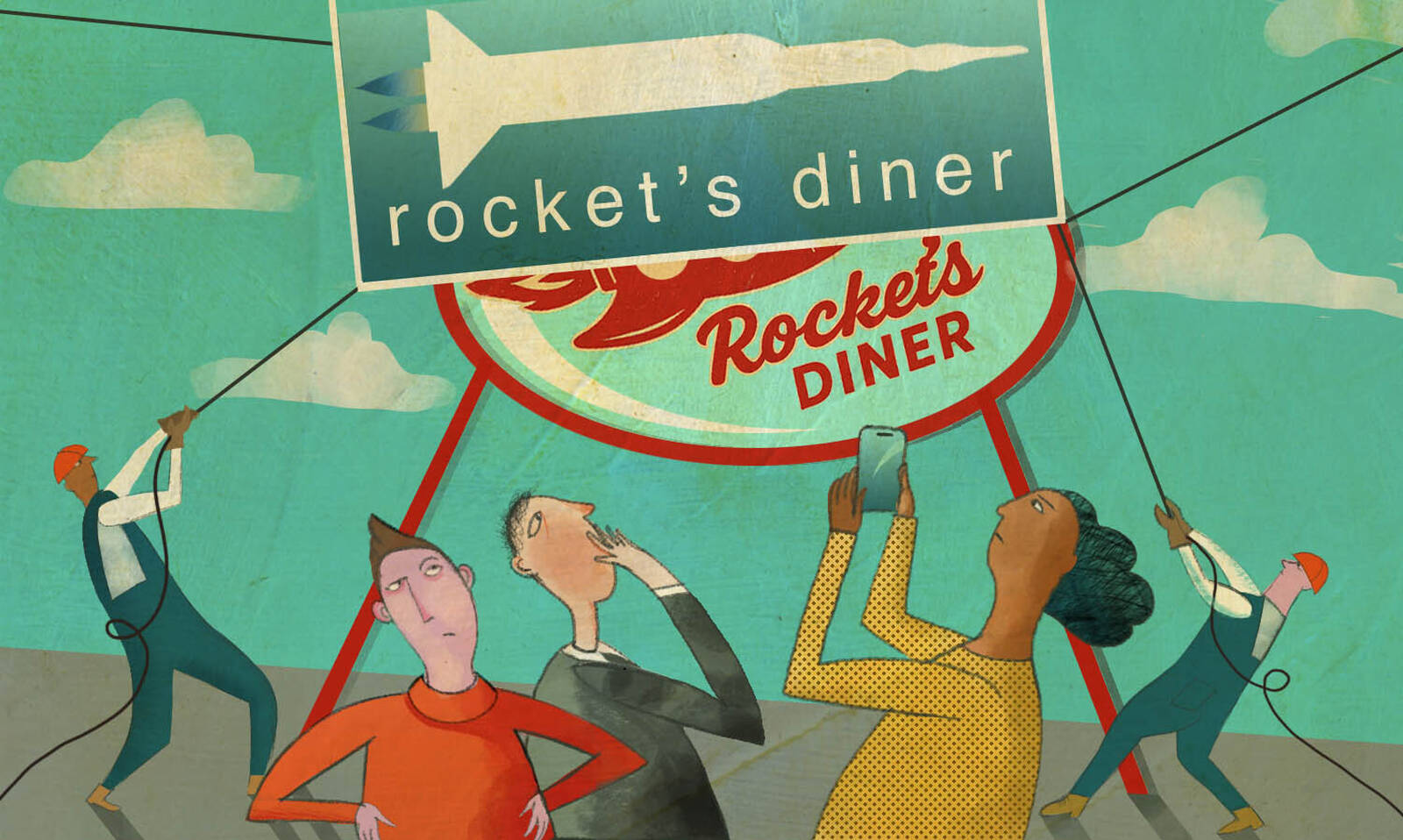 illustration of Rocket Diner rebrand with workers installing new sign while people look on.
