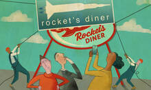 illustration of Rocket Diner rebrand with workers installing new sign while people look on.