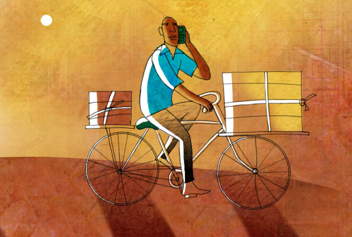 An African entrepreneur delivers products on a bicycle.