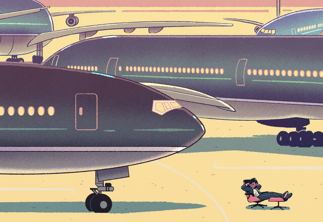 illustration of business executive in Eames lounge chair on tarmac surrounded by jets.