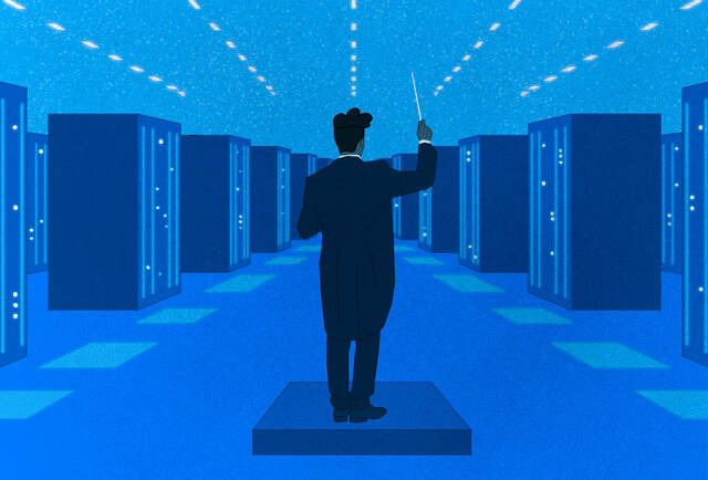 illustration of orchestra conductor in server farm.