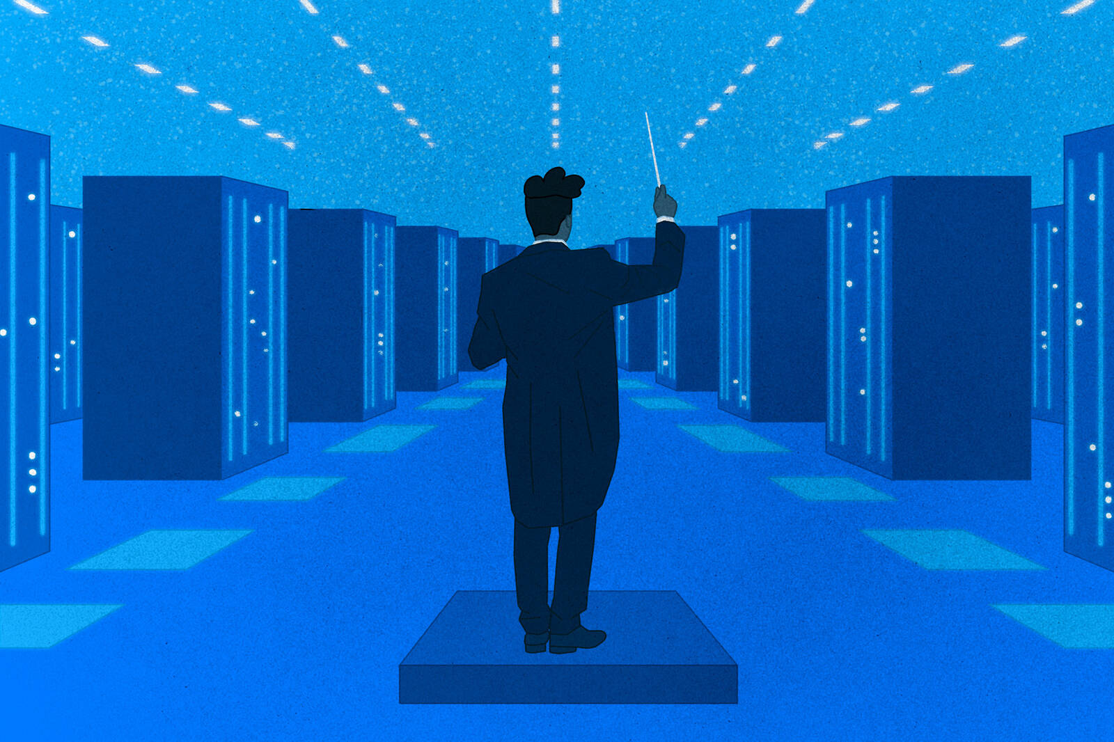 illustration of orchestra conductor in server farm.