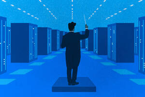 illustration of orchestra conductor in server farm.