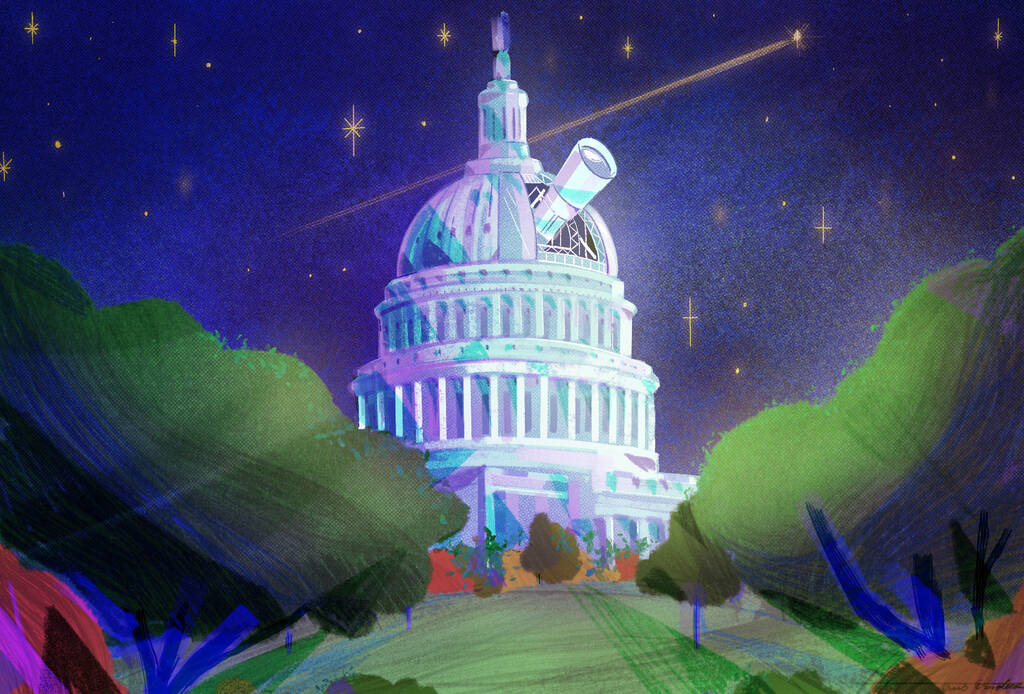 illustration of U.S. Capitol dome repurposed as observatory with telescope.