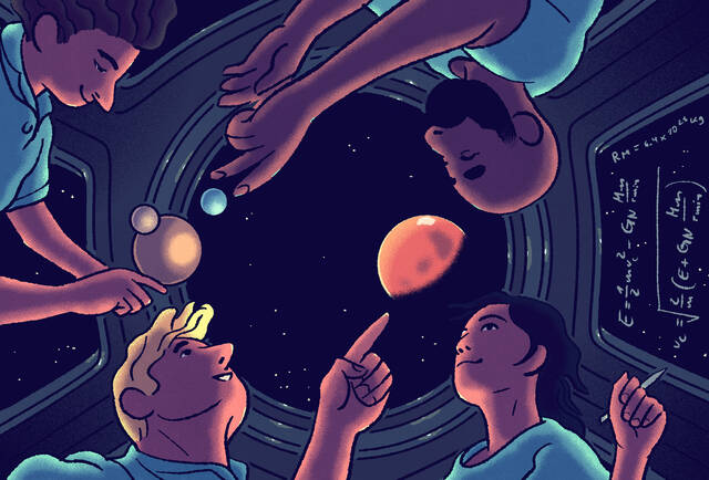 illustration of astronauts approaching Mars and collaborating in a spaceship
