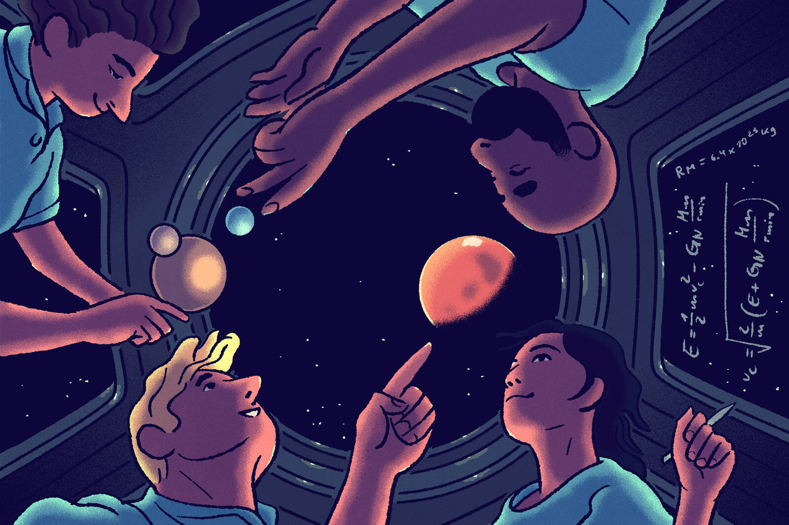 illustration of astronauts approaching Mars and collaborating in a spaceship