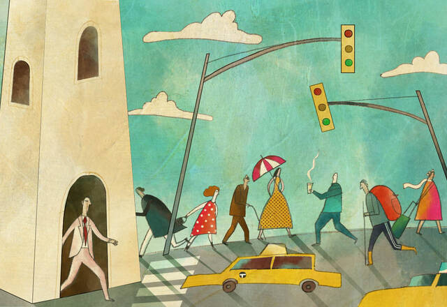 illustration of man walking out of ivory tower into urban intersection with taxis, stoplights, and pedestrians.