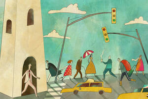 illustration of man walking out of ivory tower into urban intersection with taxis, stoplights, and pedestrians.
