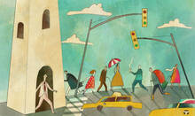 illustration of man walking out of ivory tower into urban intersection with taxis, stoplights, and pedestrians.