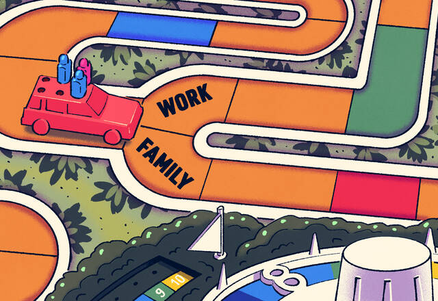 illustration of a game board with car at fork in Work and Family roadl.