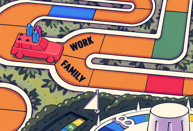 illustration of a game board with car at fork in Work and Family roadl.