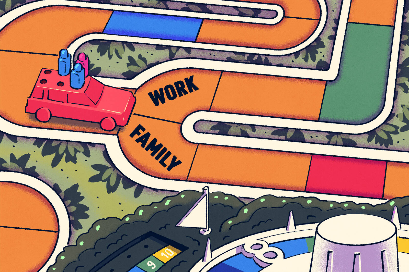 illustration of a game board with car at fork in Work and Family roadl.