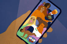 illustration of a smartphone screen with politicians crowded out by memes and celebrities.