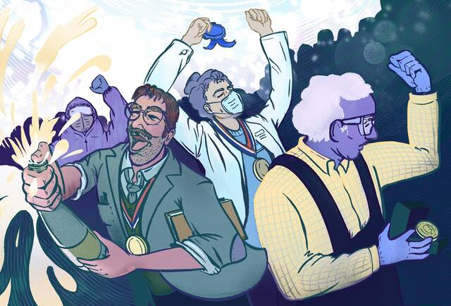 illustration of a group of scientists celebrating winning an award
