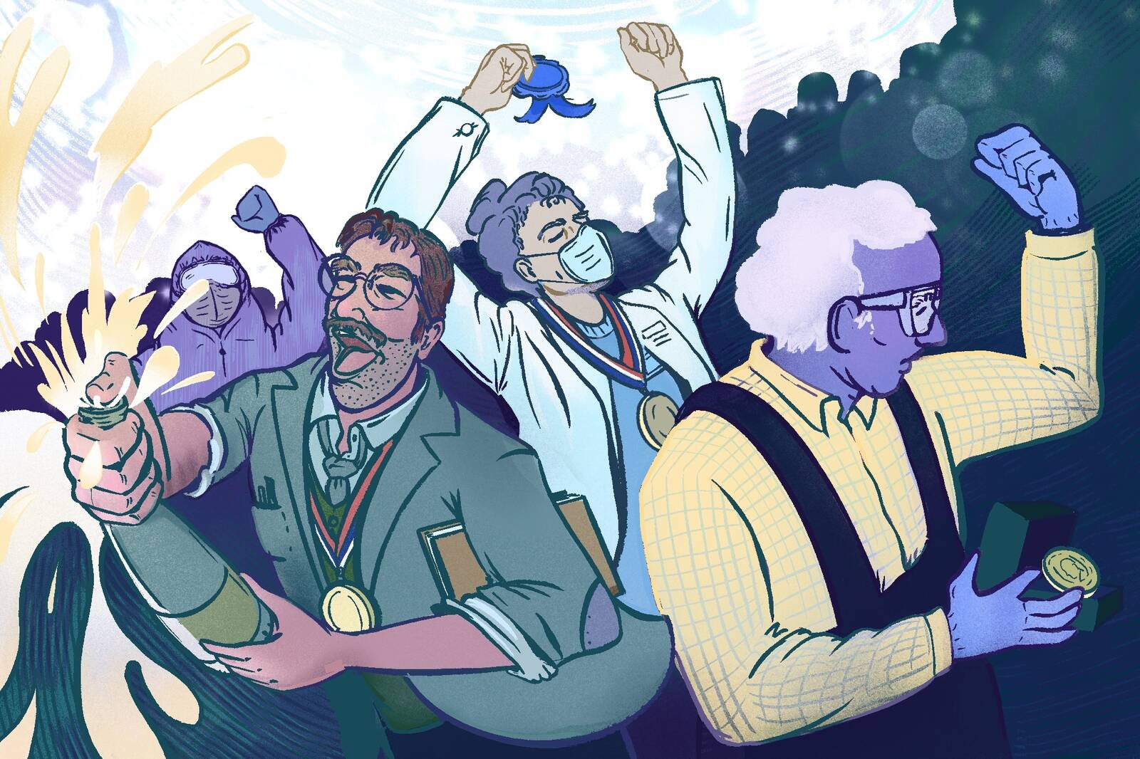 illustration of a group of scientists celebrating winning an award