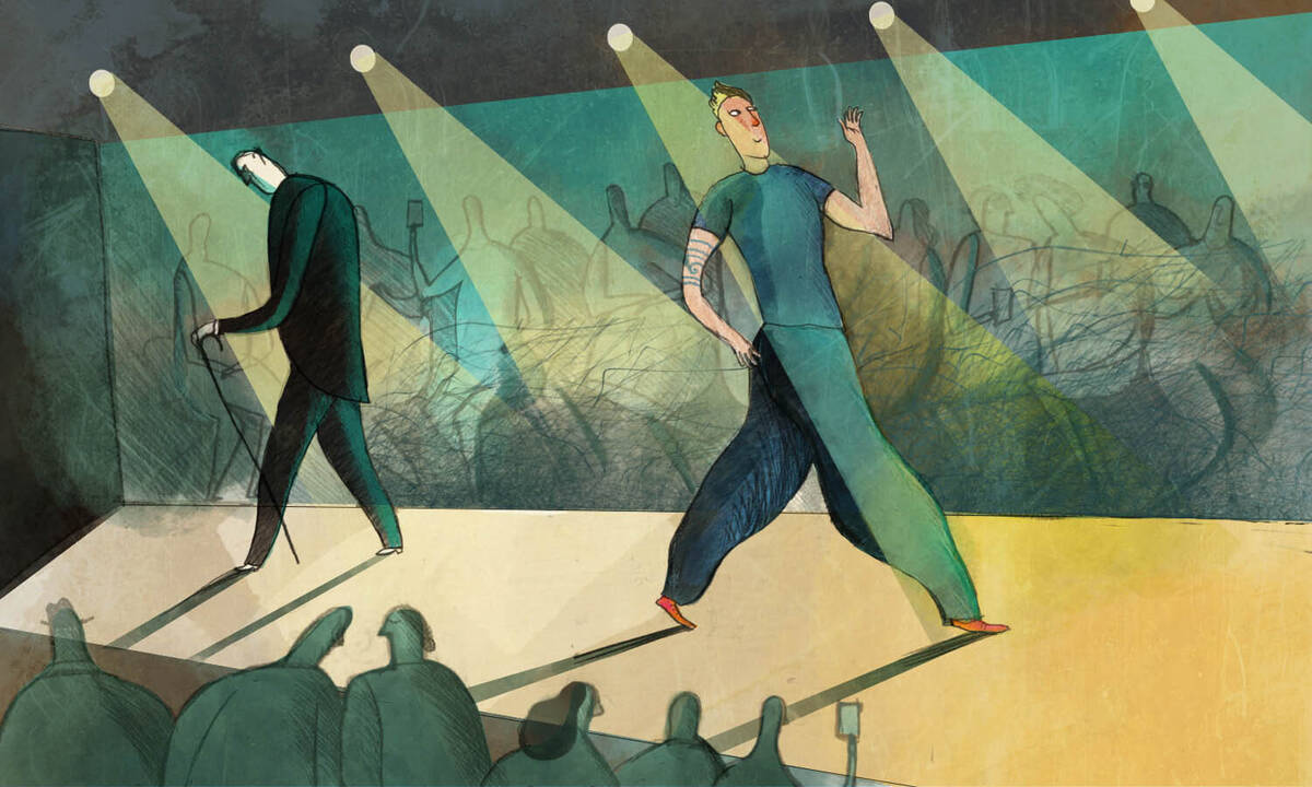 illustration of fashion show catwalk with older designer walking off with cane while younger designer walks out.