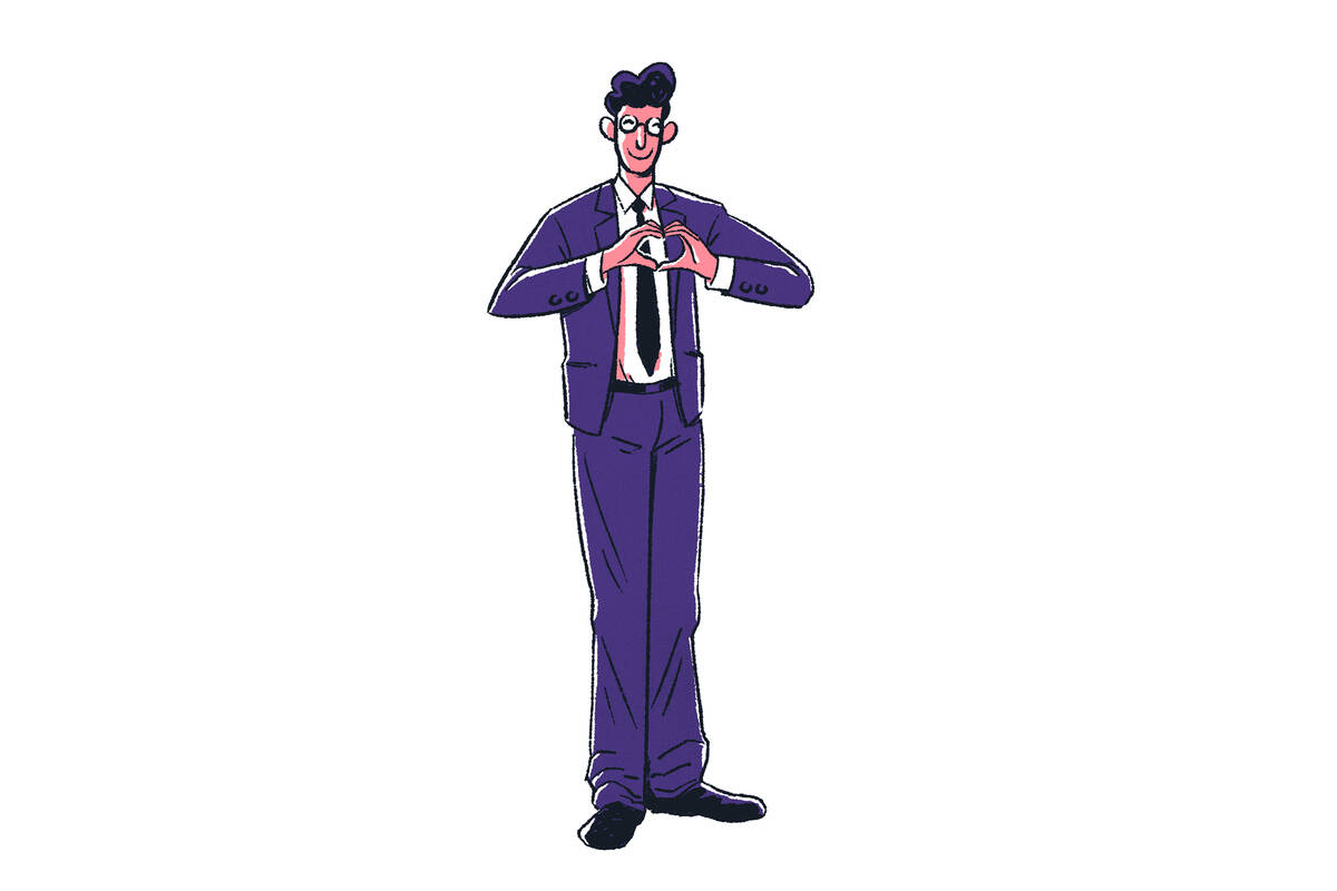 illustration of a man in a suit making a two-handed heart sign over his heart.