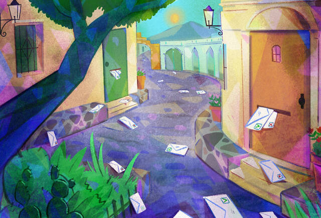 Illustration of a village in Argentina with political campaign mailers spilling out of mail slots onto the street