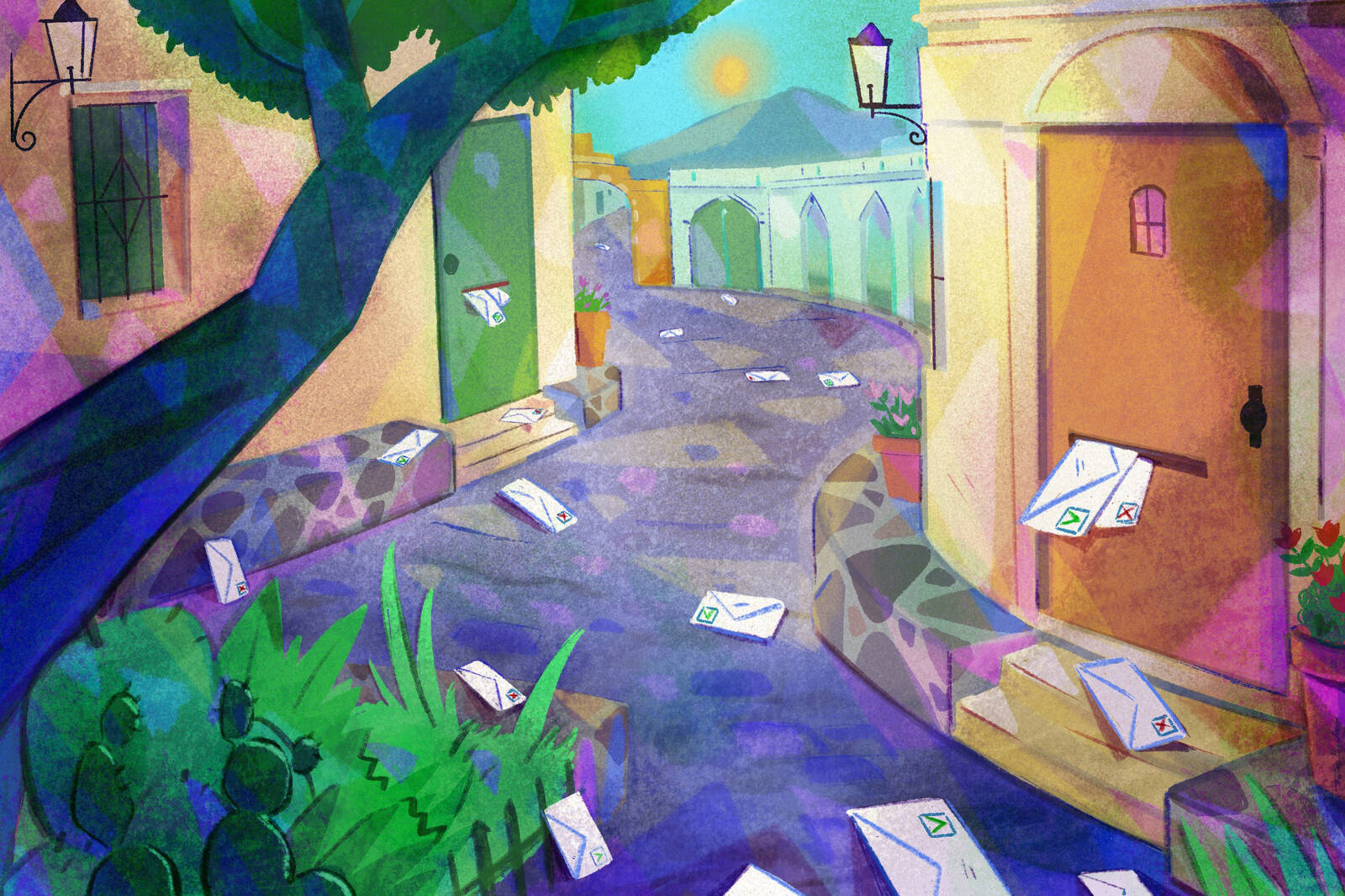 Illustration of a village in Argentina with political campaign mailers spilling out of mail slots onto the street