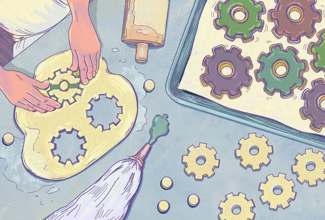 illustration of a baker making machine wheel cookies