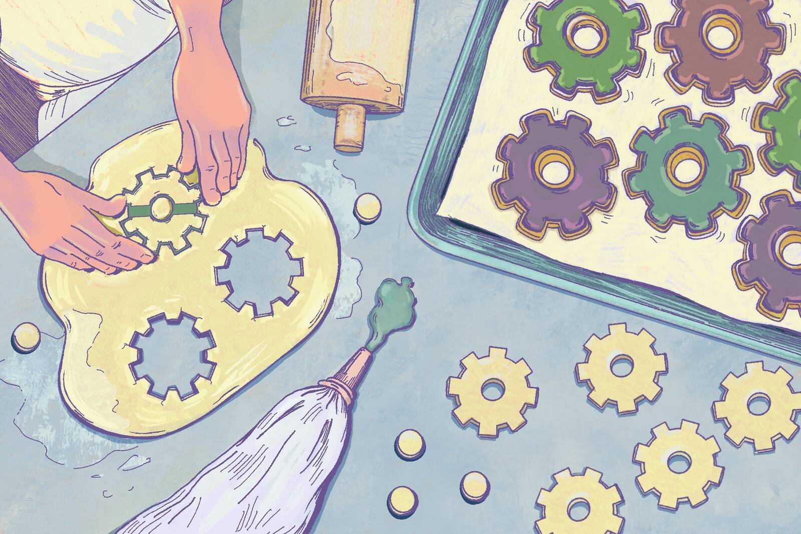 illustration of a baker making machine wheel cookies