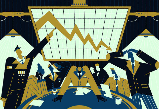 illustration of a group of people around a conference table in a war room with a downward trending graph on a screen above them.