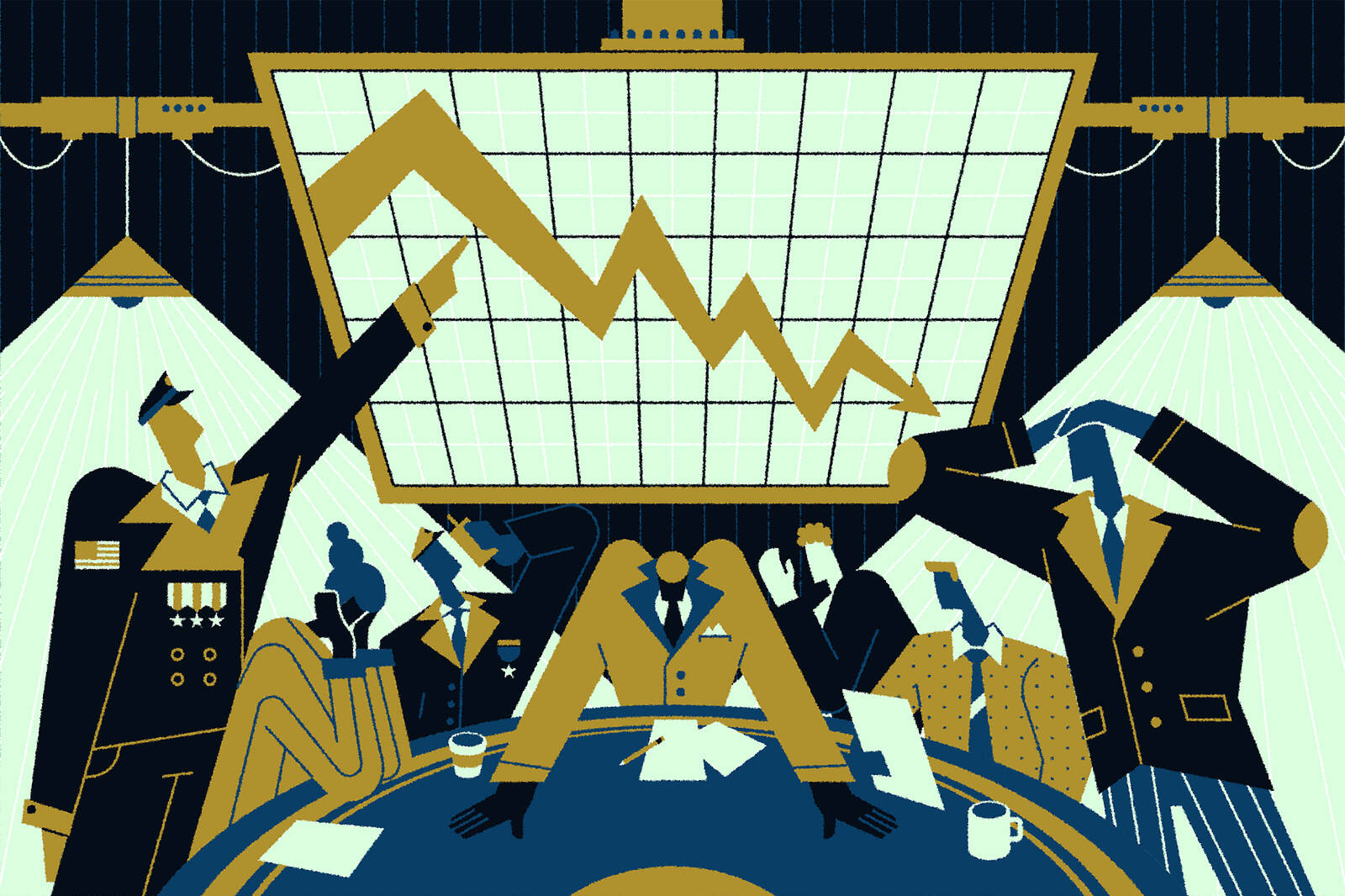 illustration of a group of people around a conference table in a war room with a downward trending graph on a screen above them.