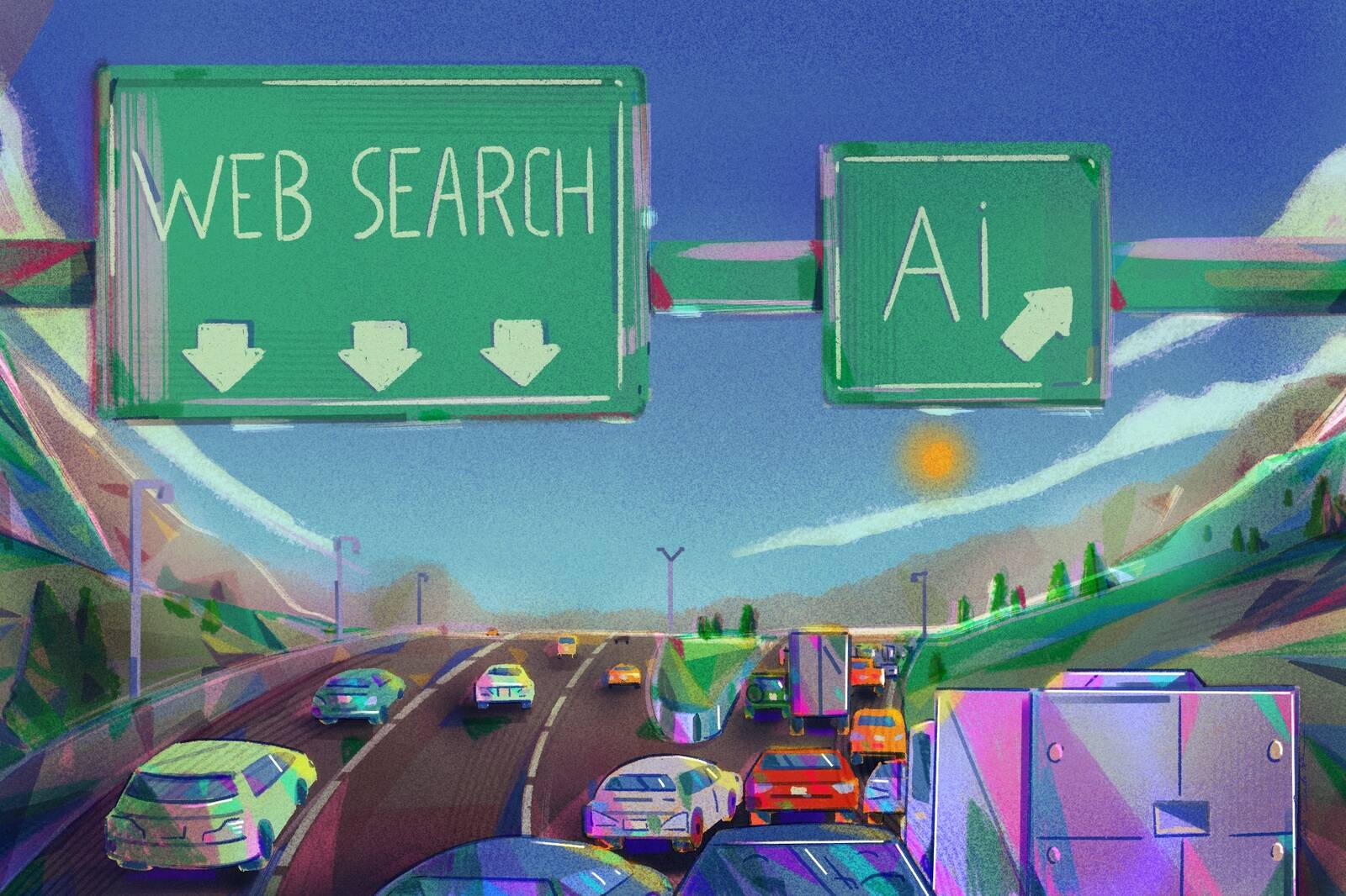 Illustration of a highway with three lanes labeled Web Search and an exit ramp labeled AI