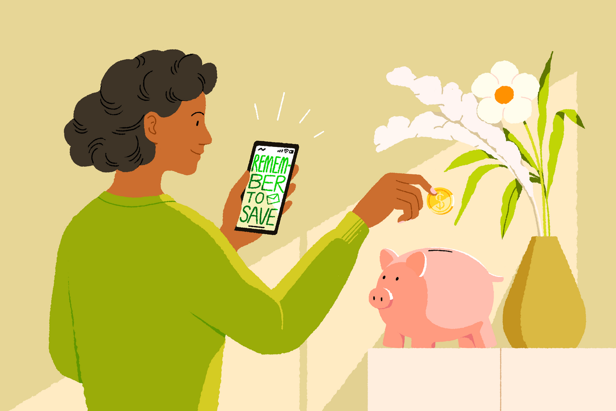 illustration of a woman receiving a text reminder and putting a coin in a piggy bank