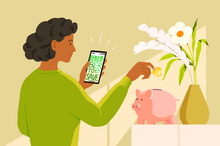 illustration of a woman receiving a text reminder and putting a coin in a piggy bank