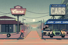illustration of two car dealerships with one empty and the other full of cars and parts