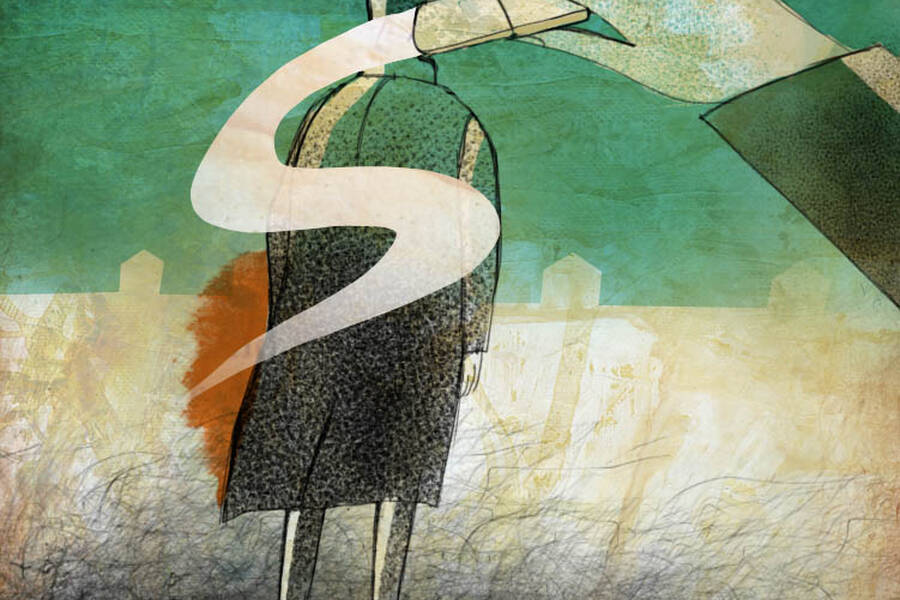 Dehumanization is demonstrated by a person being erased.