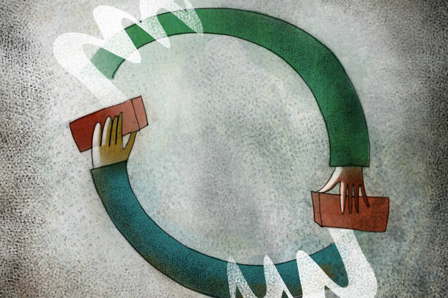 Two arms erase each other in a cycle of dehumanization.