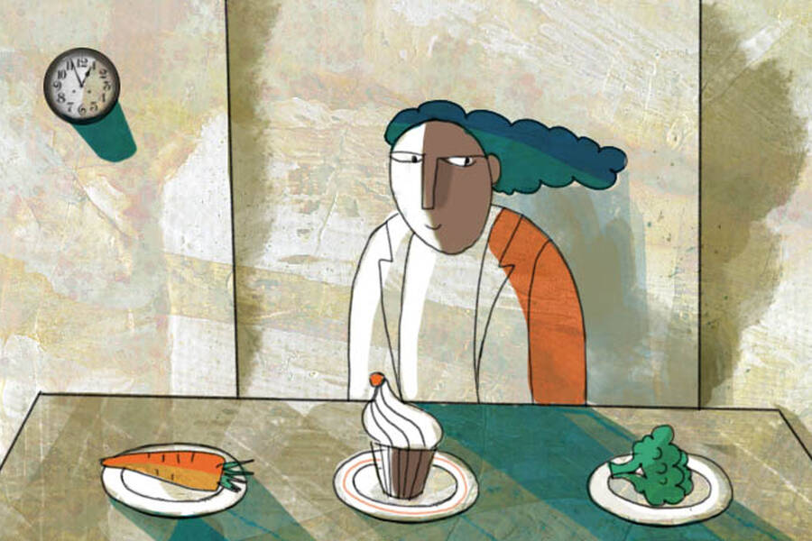 A woman must use self-control in deciding what to eat.