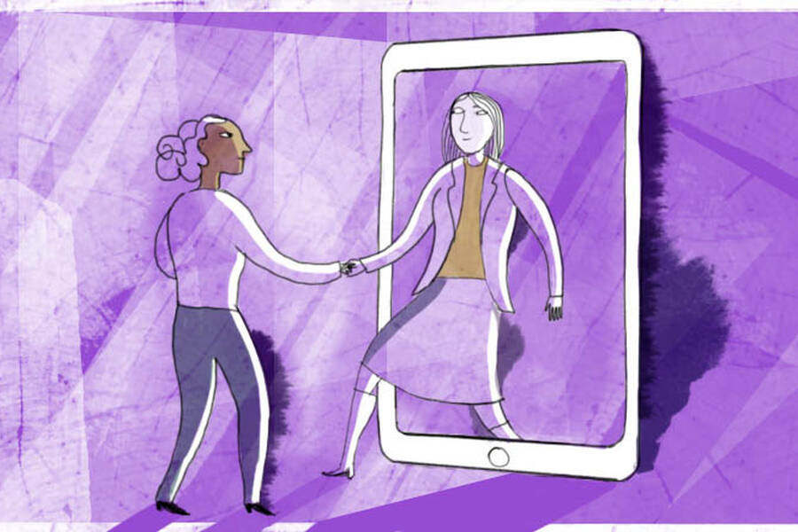 A woman steps out of a mobile device to engaging with a customer