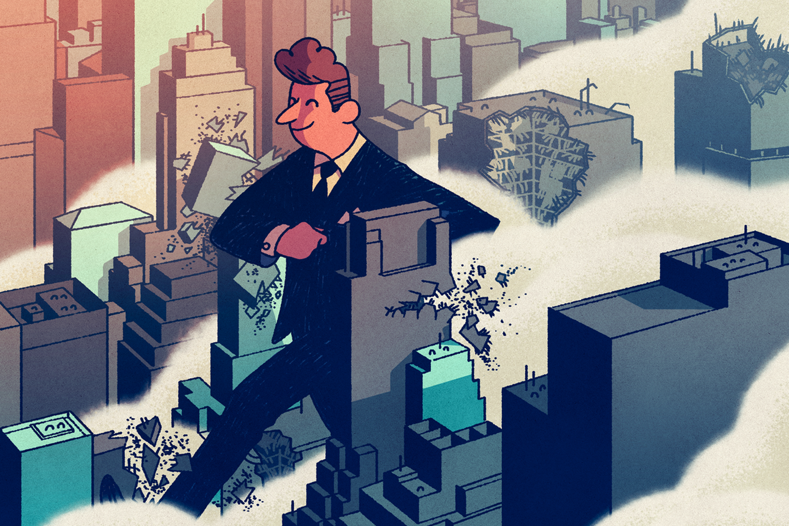 A businessman with unethical amnesia stomps through a city.